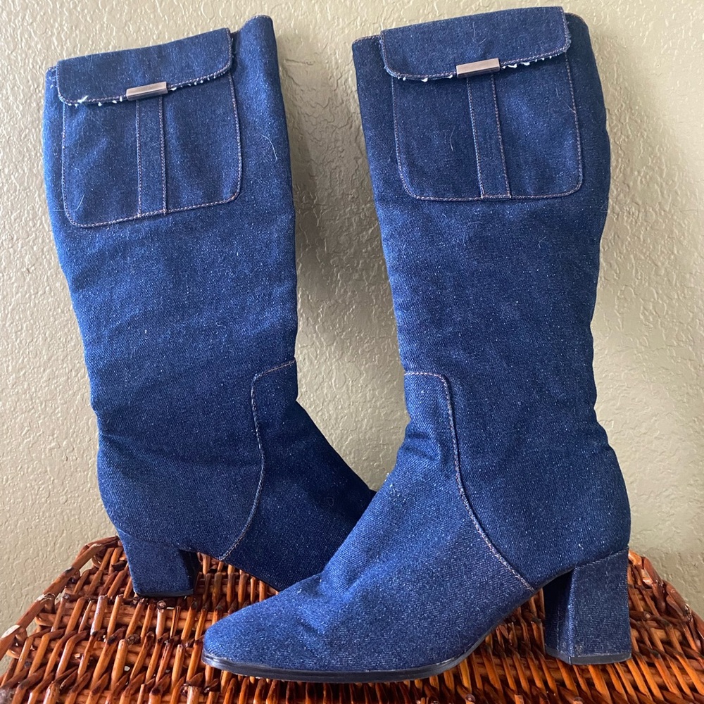 Vintage Y2K Square Toe Denim Knee High Boots